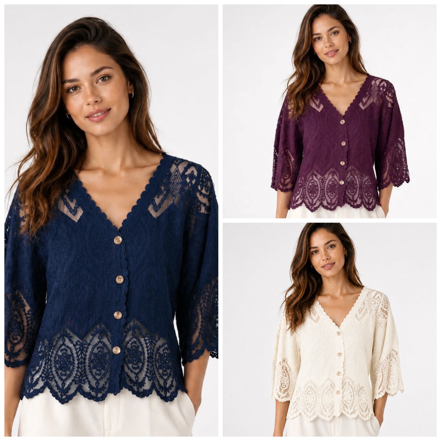 Three-panel collage showing a woman modeling a lace cardigan in three colors: navy blue, deep purple, and cream white. The cardigan features a V-neck, button-front closure, elbow-length sleeves, and an ornate floral lace hem and shoulder details.
