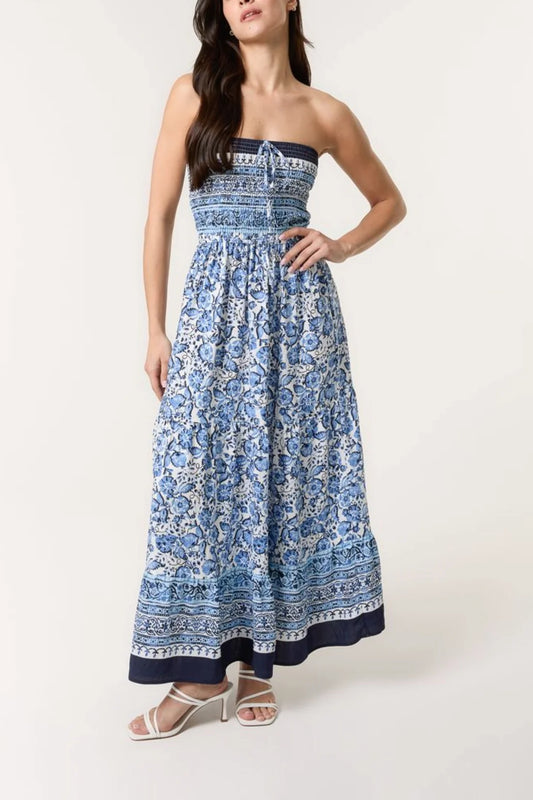 Blue Floral Print Shirred Bust Bandeau Dress