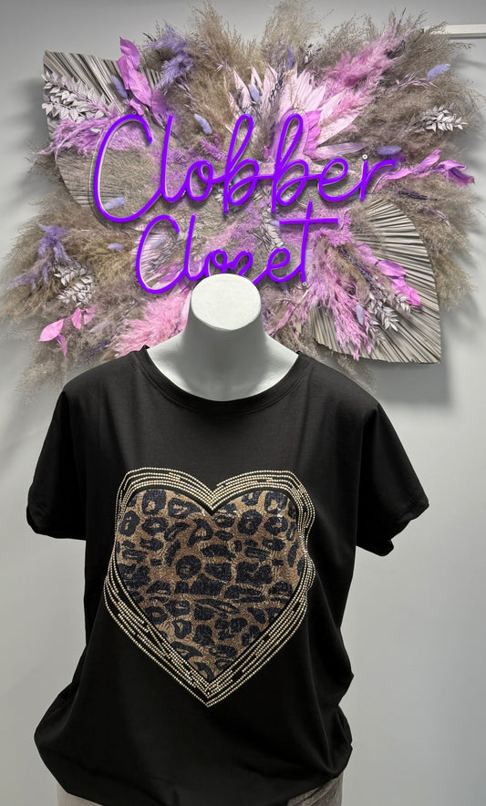 Leopard Stud Heart Cotton Italian T-Shirt