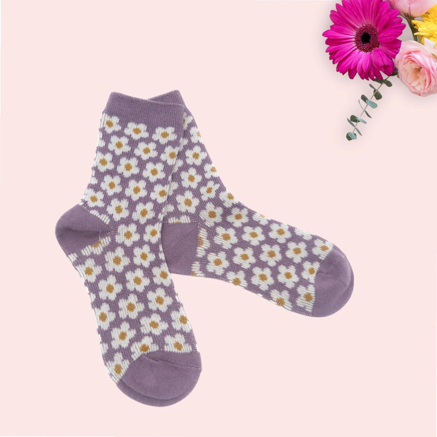 Daisy Flower Print Ladies Socks - Lilac
