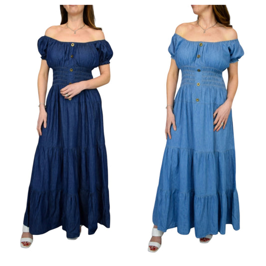Charlotte Button Front Bardot Denim Maxi Dress