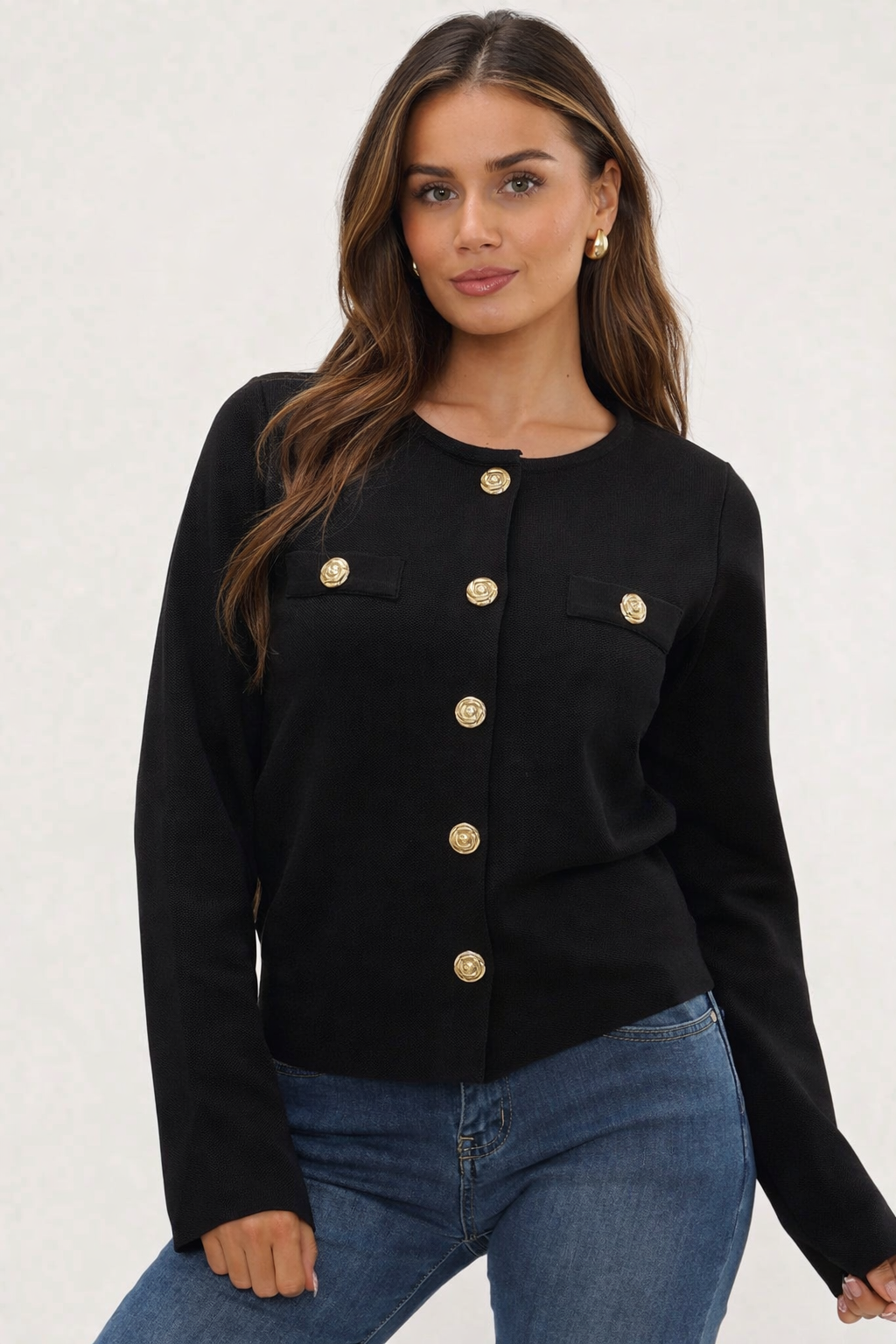 Crew Neck Gold Popper Button Knitted Cardigan