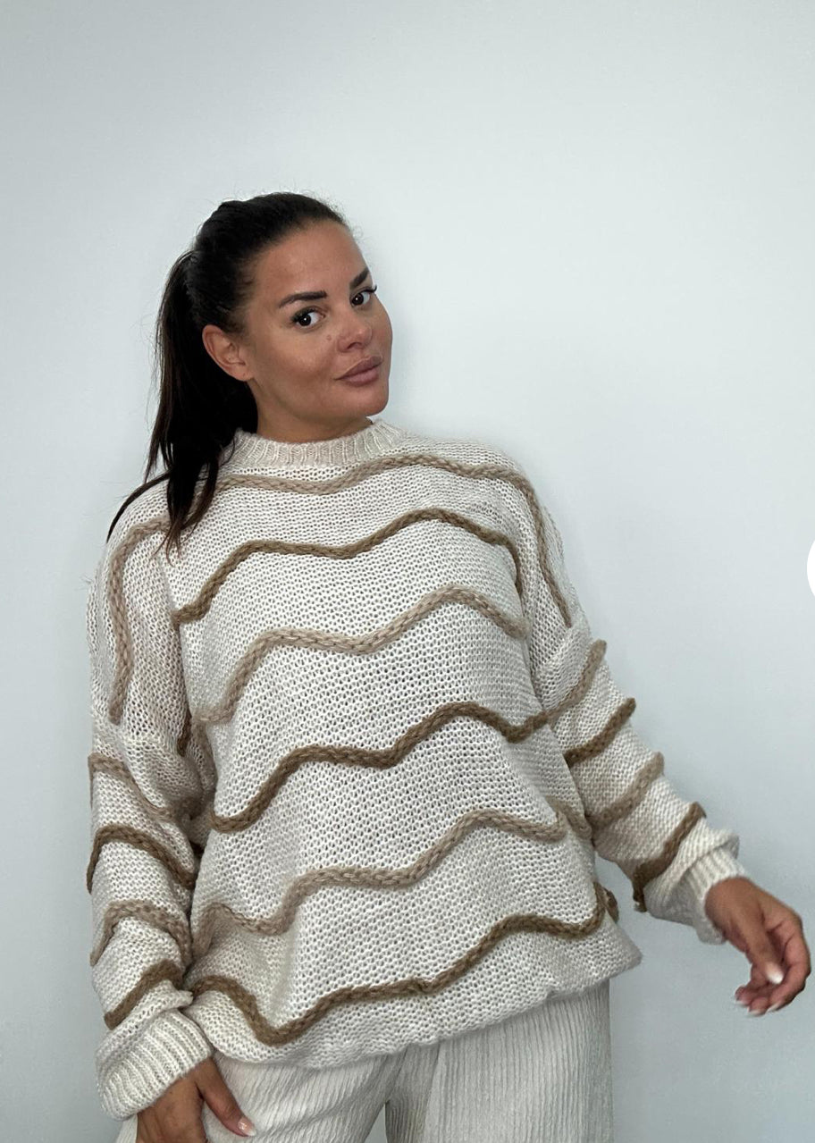 Plus Size Knitted Jumper with Wave Stripe Pattern