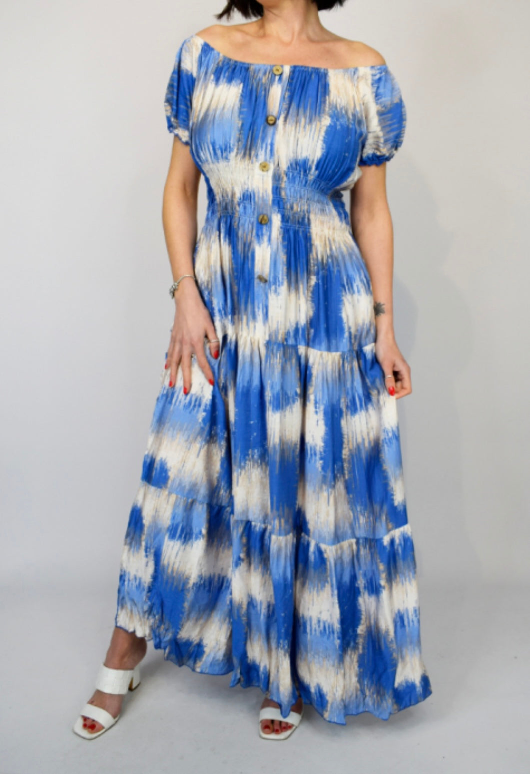 Multi Splash Print Button Bardot Maxi Dress