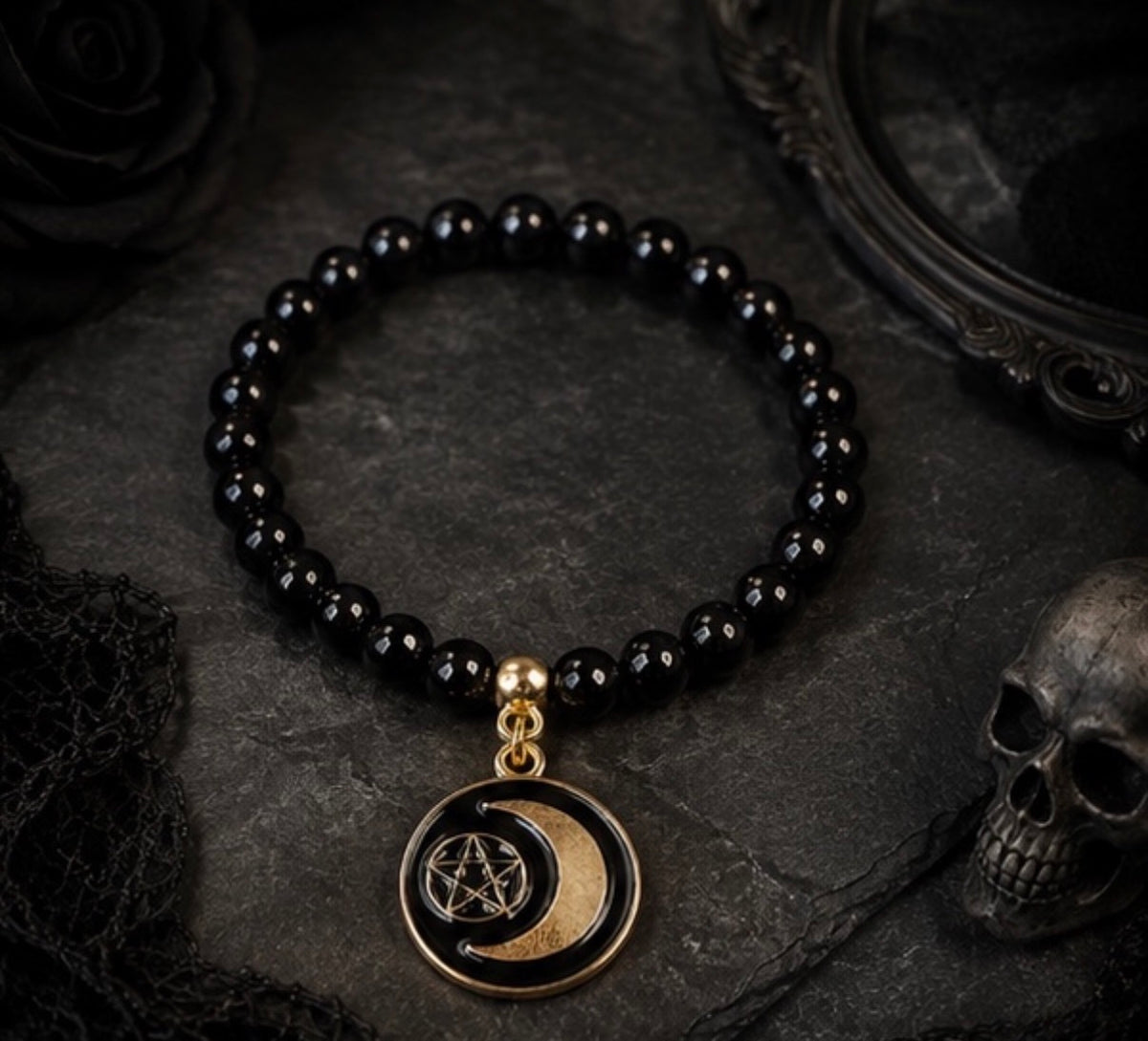Black and Gold Gothic Halloween Stretch Beaded Bracelet with Charm