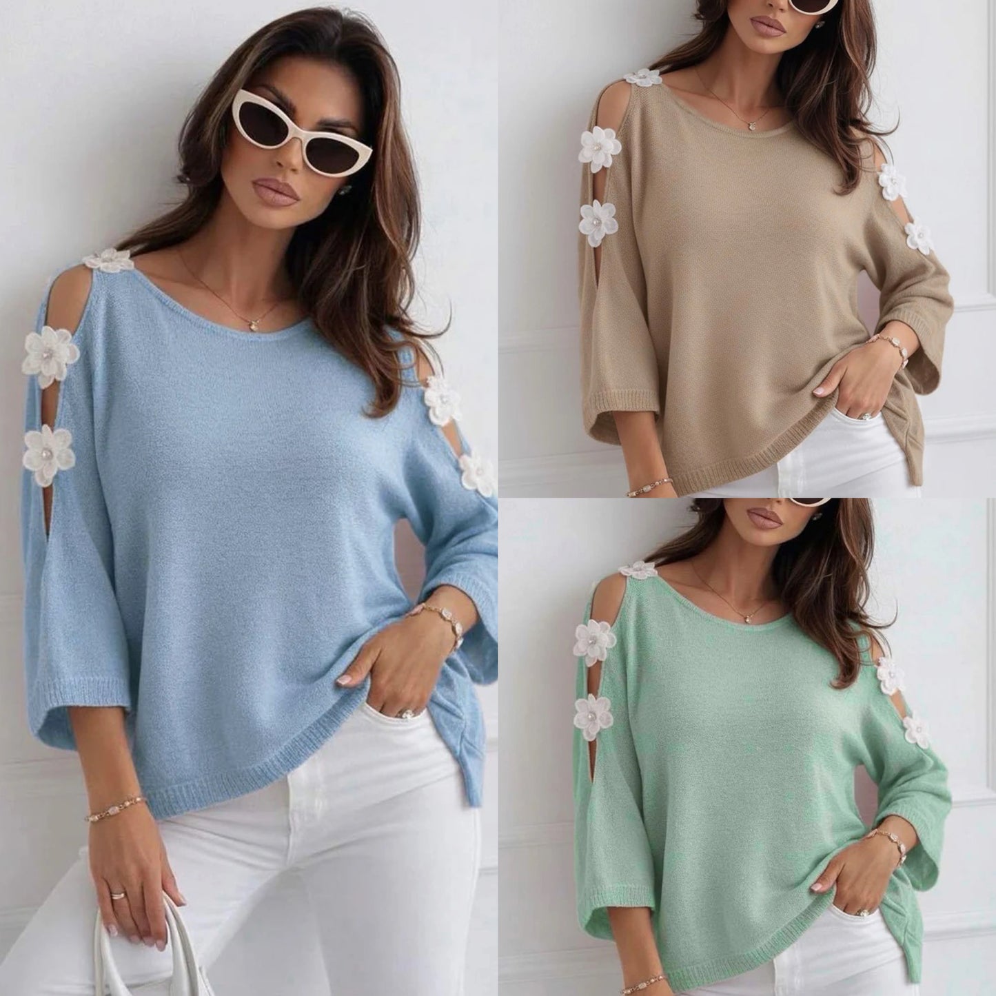 Three pictures of woman in Floral Appliqué Cold Shoulder Lightweight Open-Knit Top in Baby Blue, Sage Green and Stone