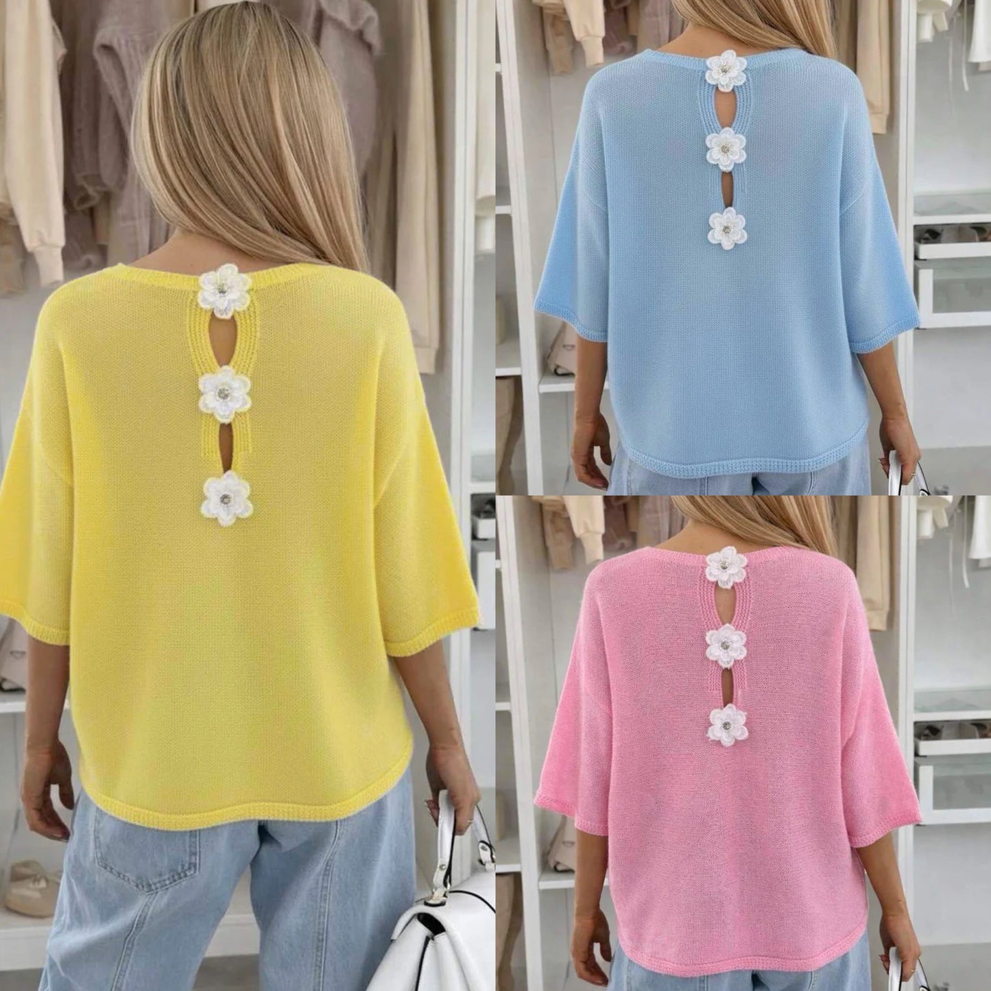 Three pictures of woman wearing Floral Appliqué Lightweight Open-Knit Fabric Knitted Jumper in pink, blue and yellow. 