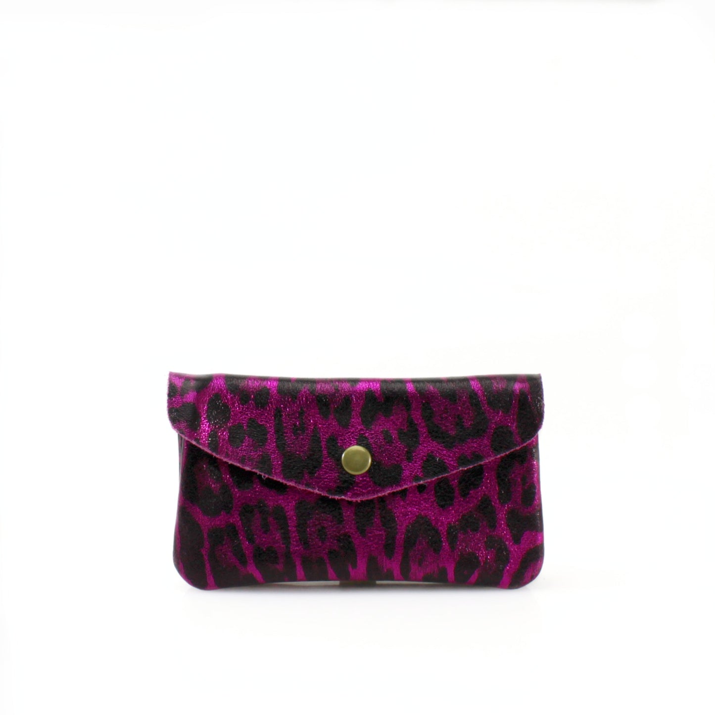 Pink and black patterned leather purse with a gold clasp on a white background