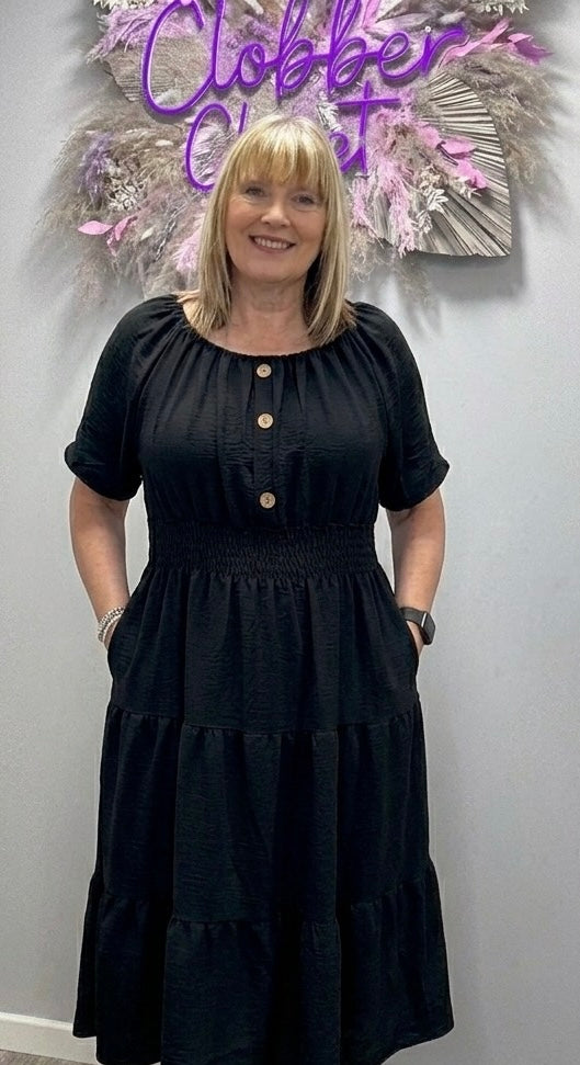 Plus Size Black Button Detail Tiered Midi Dress with Pockets