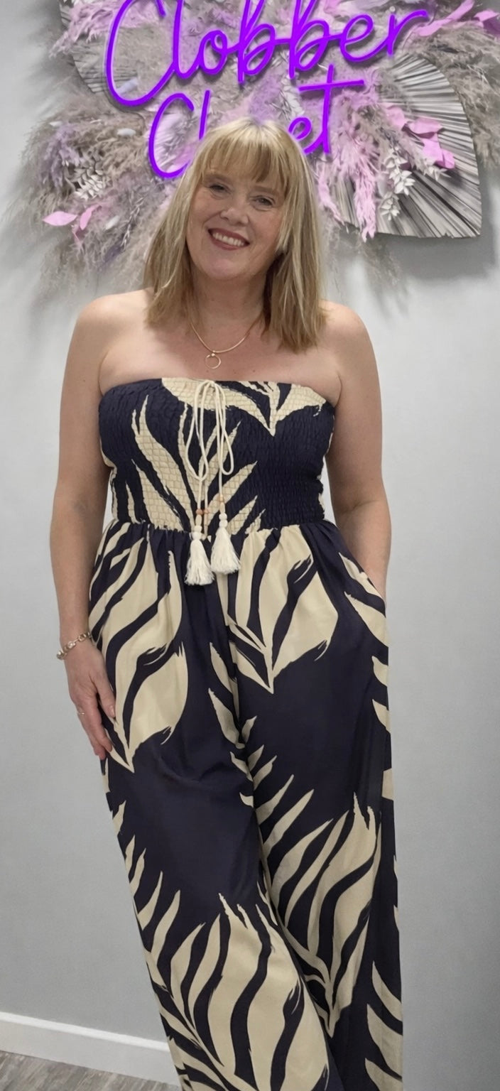 Navy Bandeau Tassel Leaf Print Jumpsuit