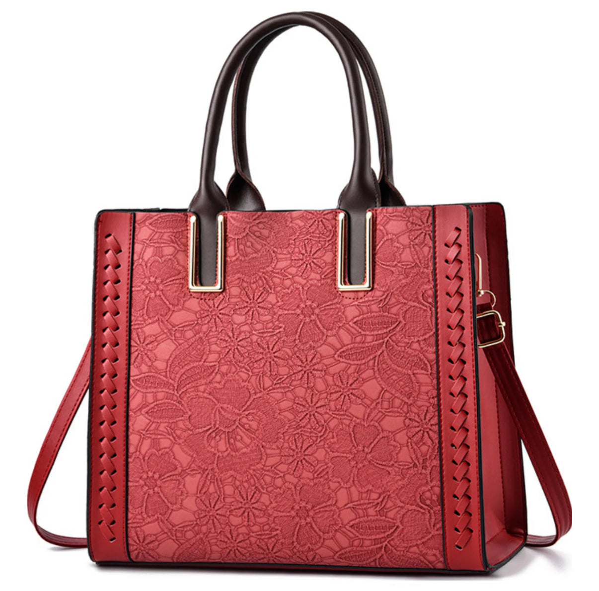 Lace Print Tote Bag with short and long handles - Red variant