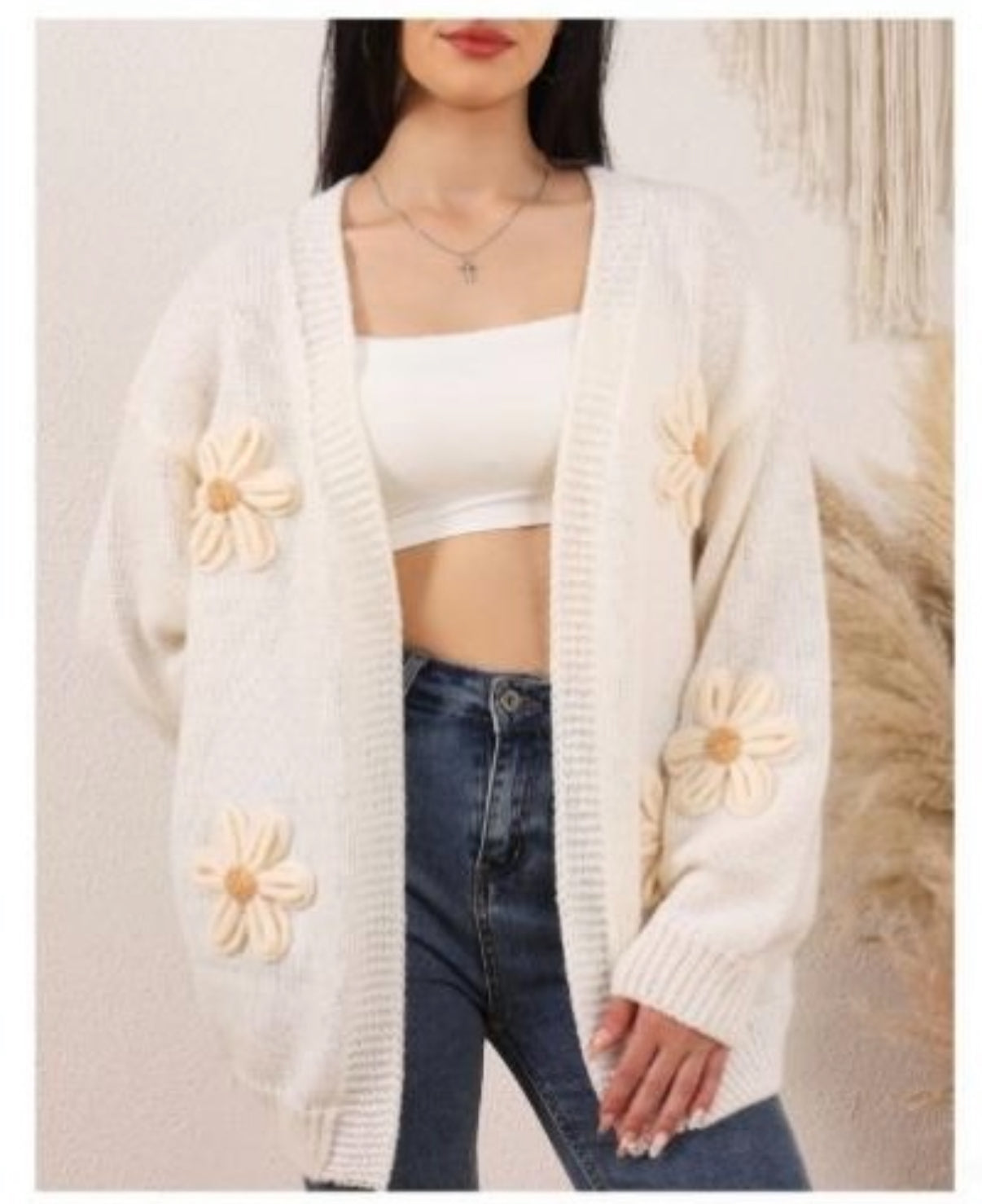 Edge to Edge Open Front 3D Daisy Flower Cardigan