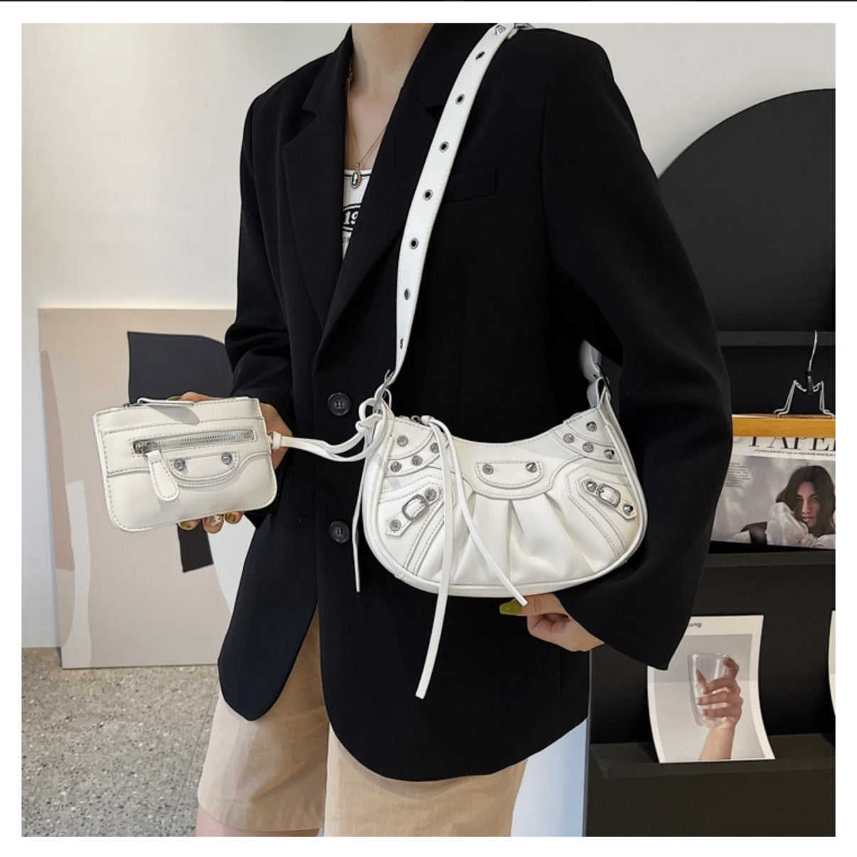Small Medium Size Studs Cross Body Bag Shoulder Bag with a Purse - White