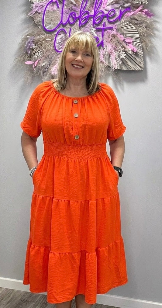 Plus Size Orange Button Detail Tiered Midi Dress with Pockets