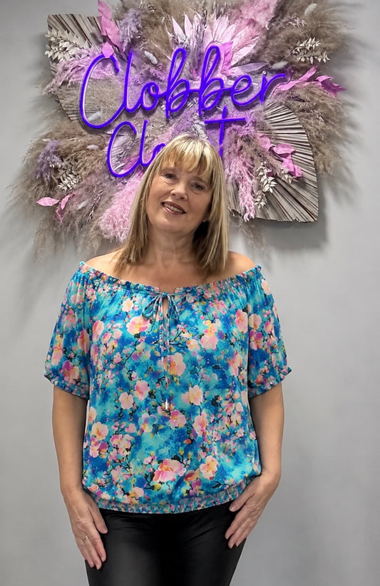 Anita Blue Floral Top with Tie Neck Detail