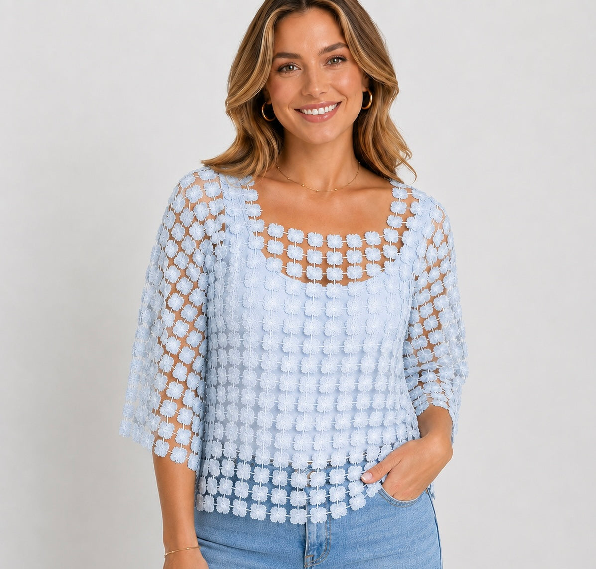 Lace Daisy Flowers Top in White or Baby Blue
