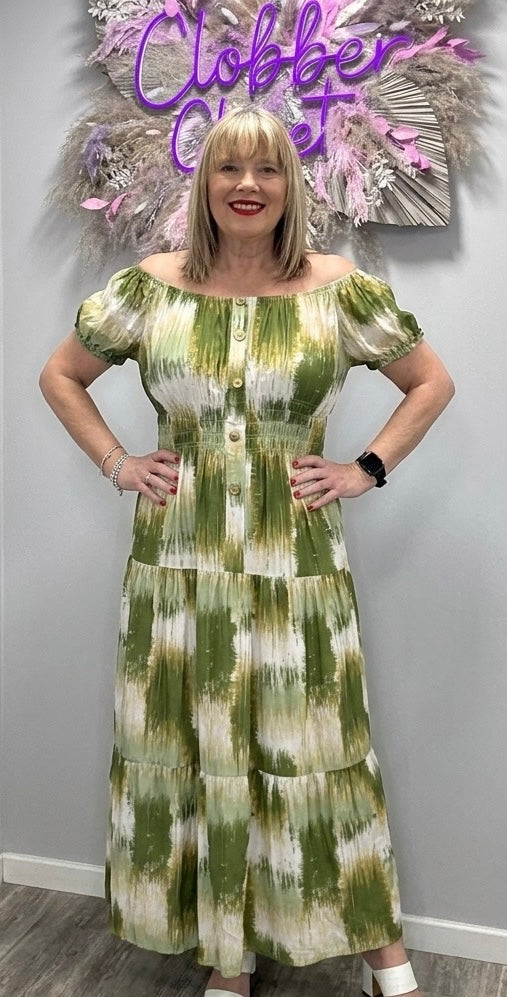 Multi Splash Print Button Bardot Maxi Dress