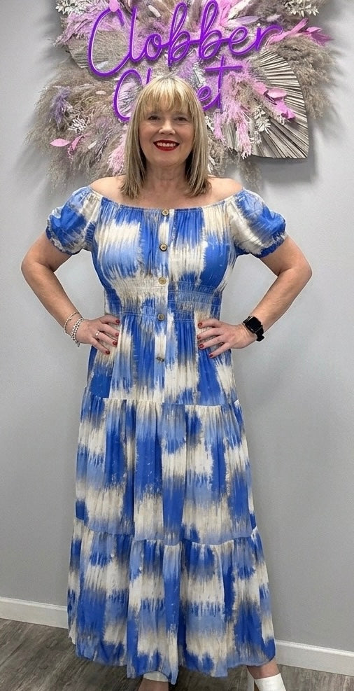 Multi Splash Print Button Bardot Maxi Dress