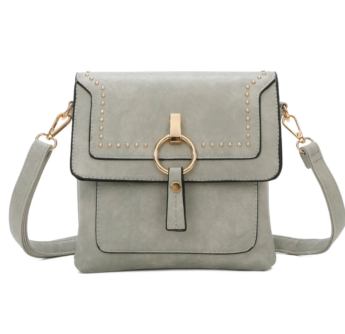 Grey cross body bag with stud detailing.