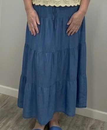 Blue Tiered Denim Maxi Skirt