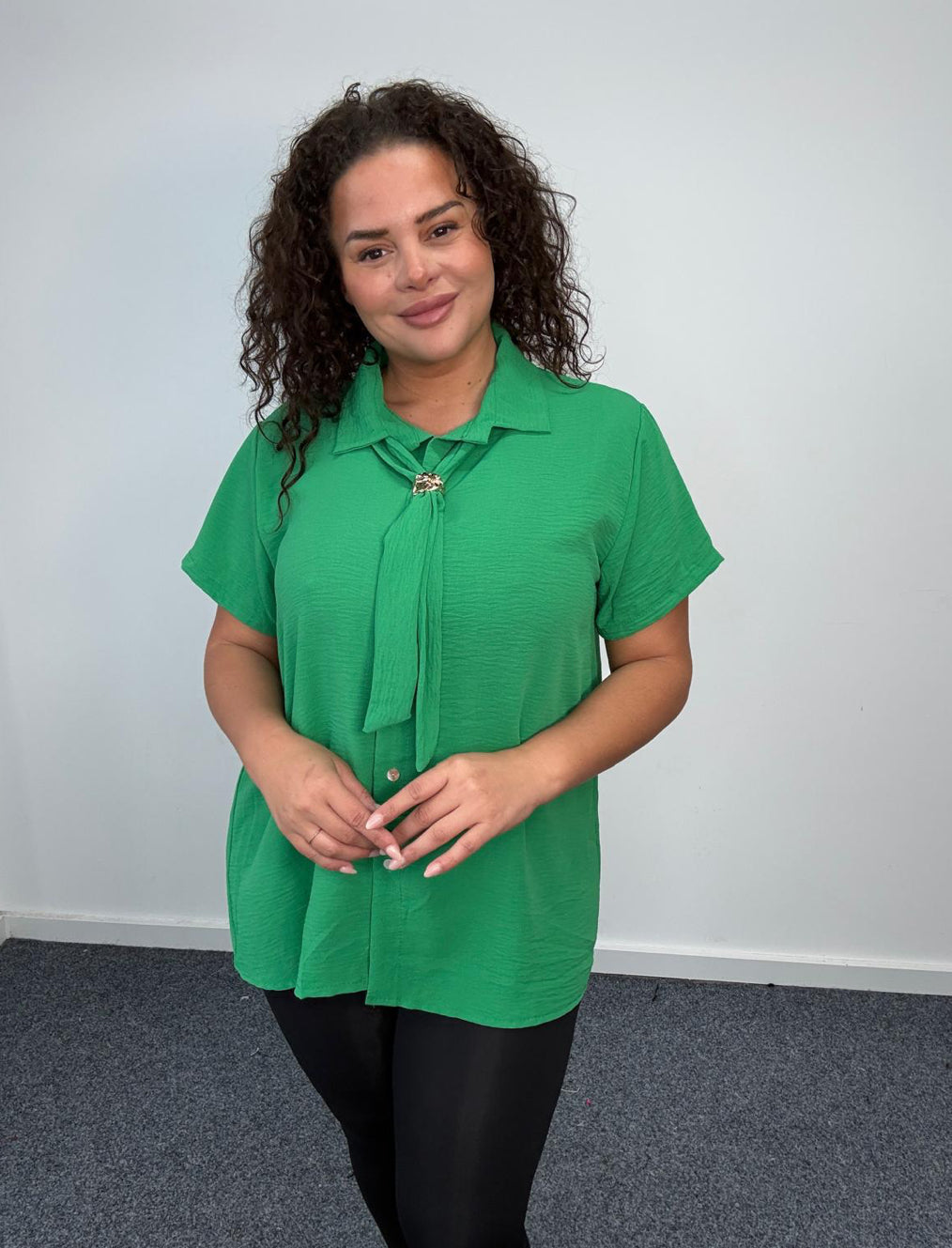 Plus Size Tie Neck Button Front Blouse