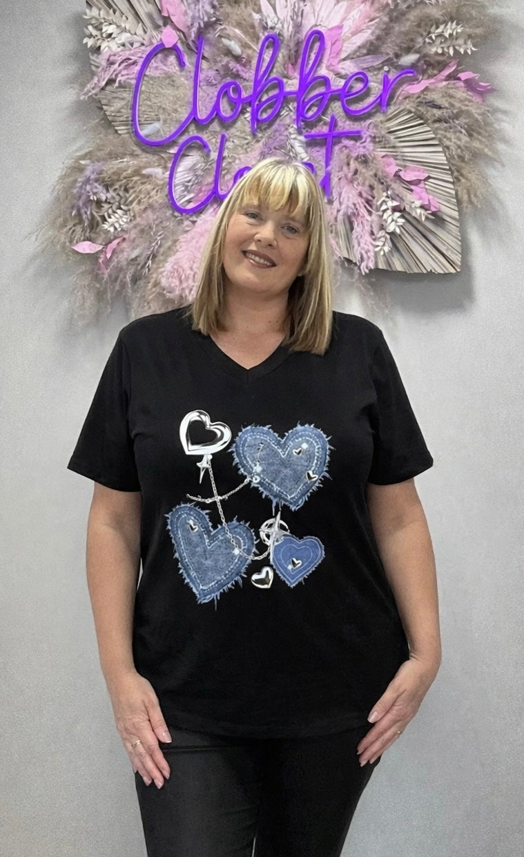 Black Plus Size Denim Heart Graphic Print Oversized T-Shirt