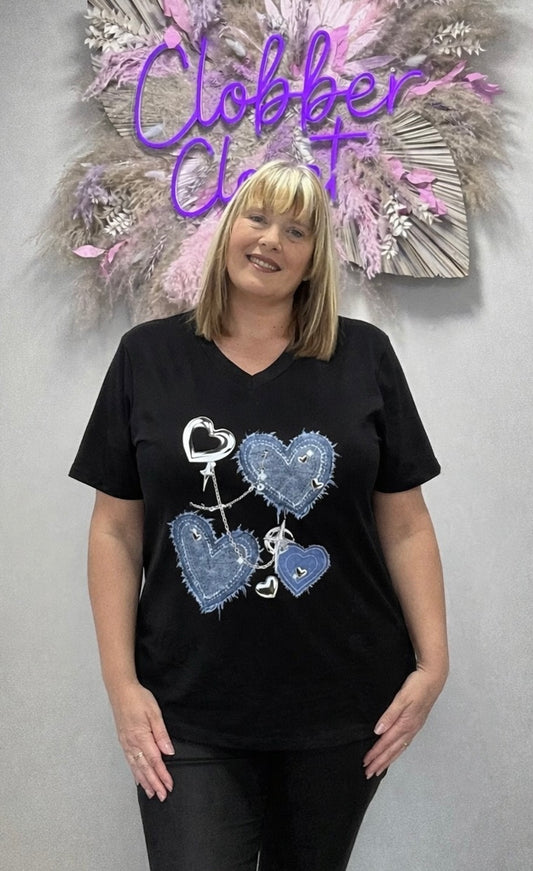 Black Plus Size Denim Heart Graphic Print Oversized T-Shirt
