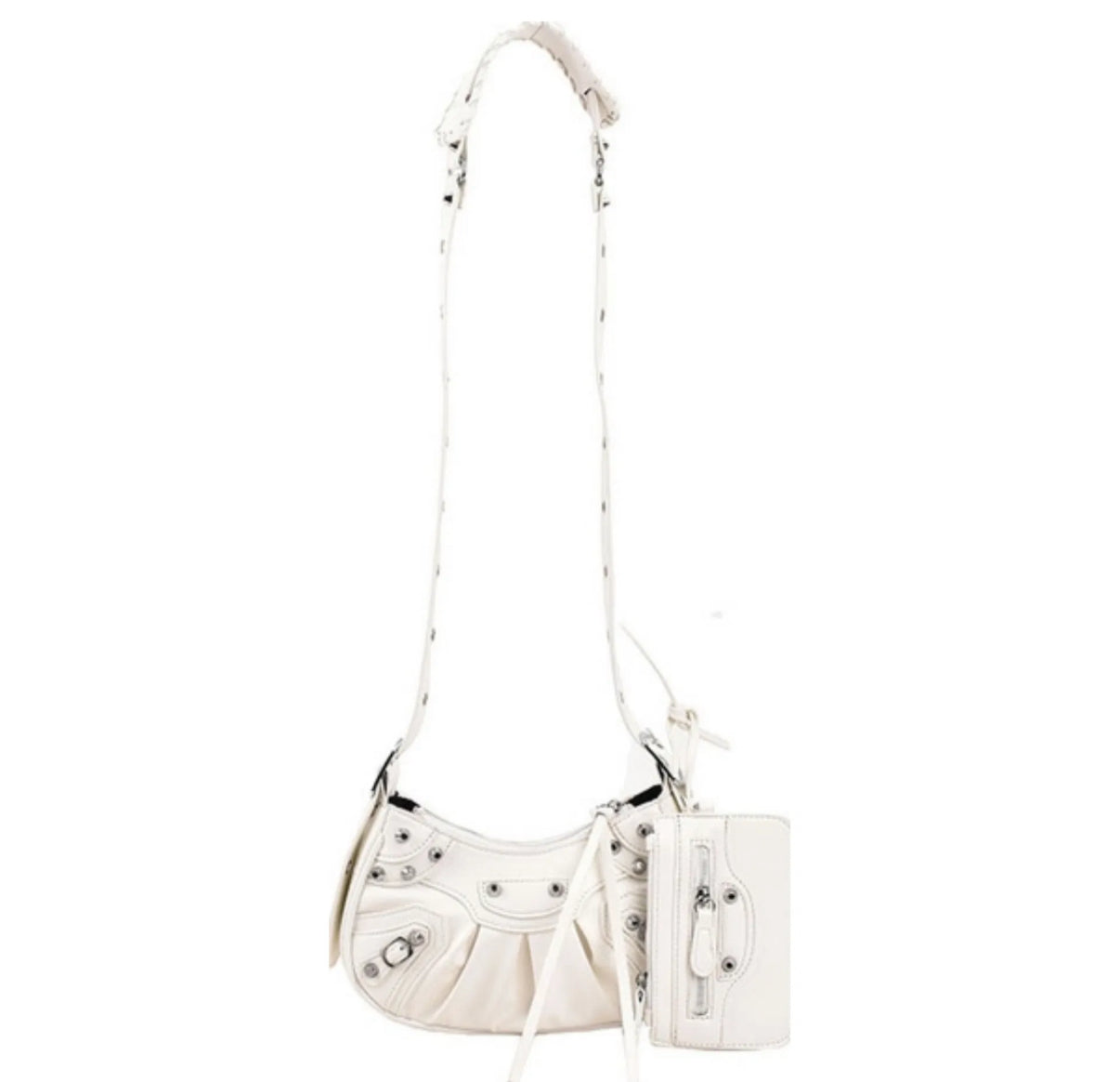 White cross body handbag with stud detail and matching purse.