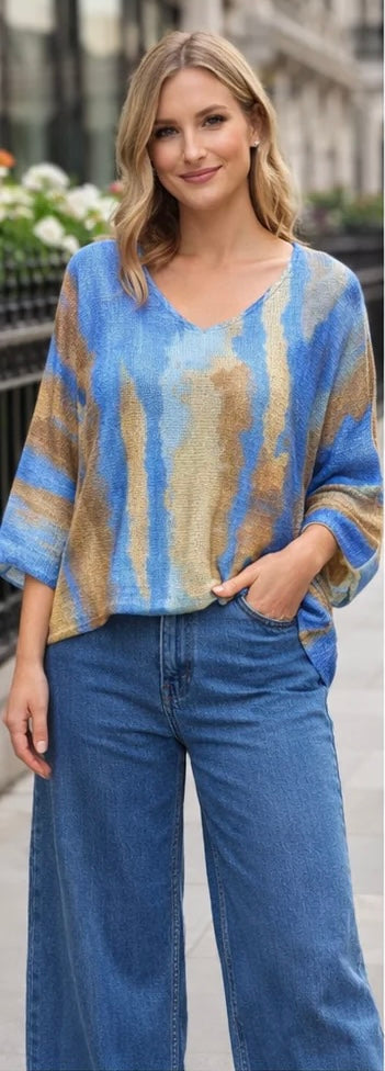 Model Wearing Kurt Muller Marble Print V Fine Mesh Knit Top one in Blue