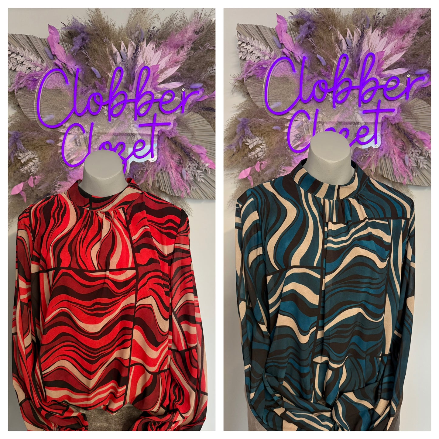 Two Italian chiffon geometric volume sleeve blouses, one in red and one in blue, displayed on mannequins with a 'Clobber Clozet' sign in the background.