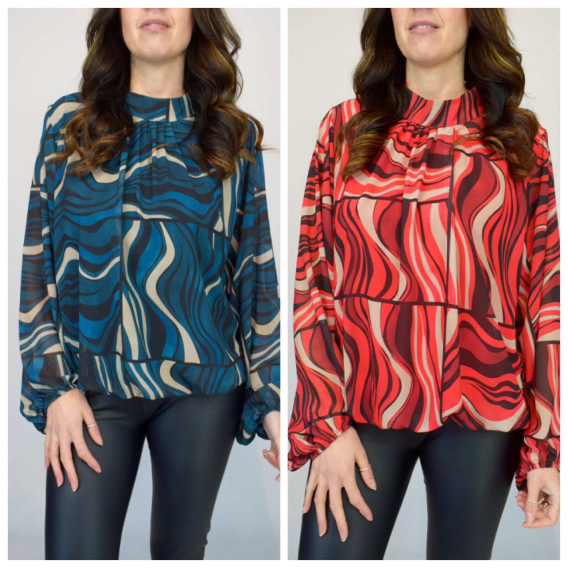 Two models wearing geometric patterned chiffon blouses, one in blue and one in red, with volume sleeves and high necks.