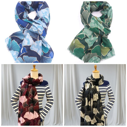 Collage of four scarves with different patterns on a white background