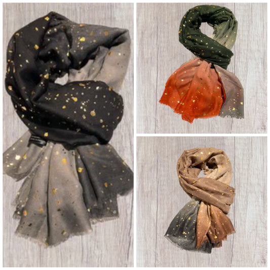 Collage of three scarves in black, green, and brown with gold speckles on a wooden surface.