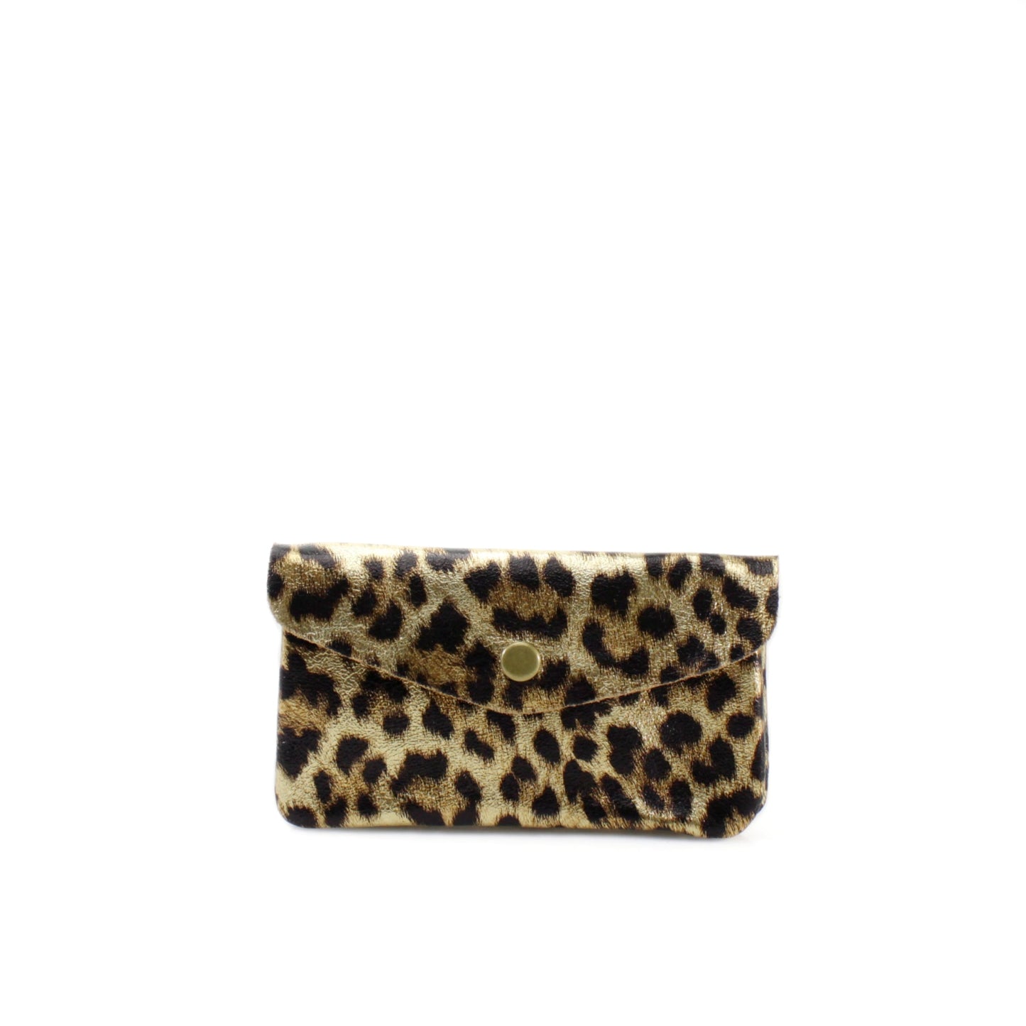 Leopard print leather purse on a white background