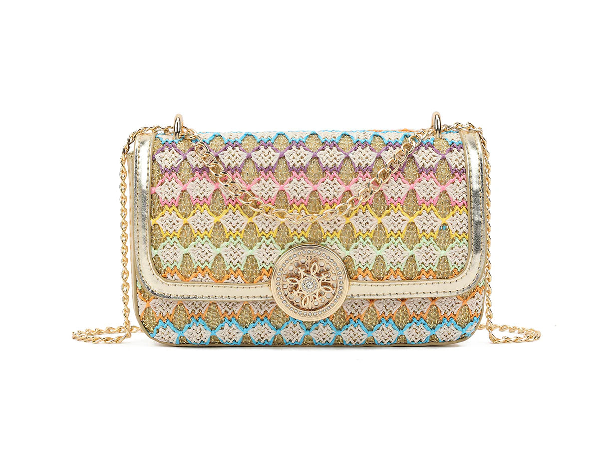 Gold and Multicoloured patterned handbag with a gold chain on a white background