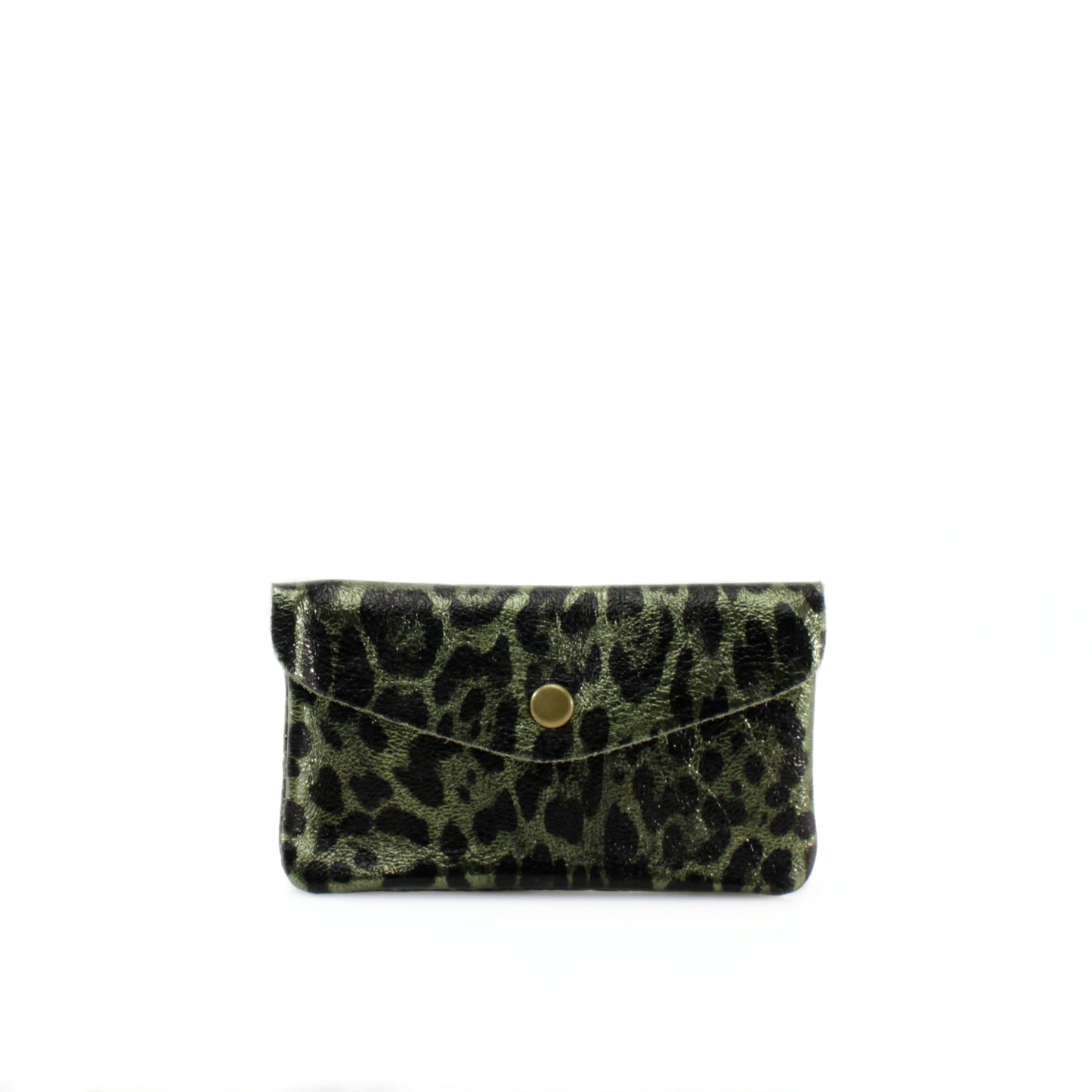Green Leopard print leather purse with a gold button on a white background