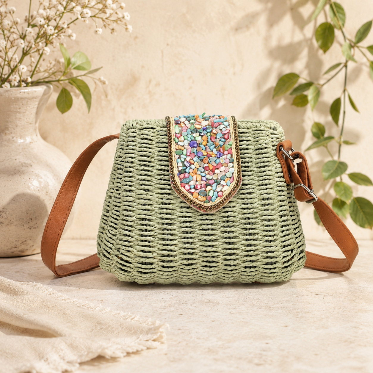 Green woven handbag with a decorative colorful flap on a neutral background