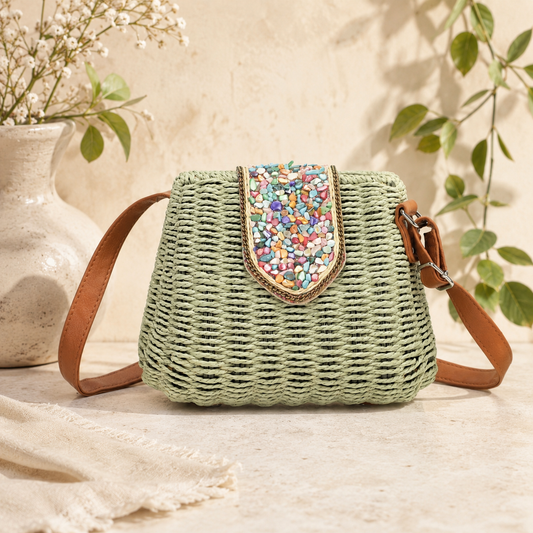 Green woven handbag with a decorative colorful flap on a neutral background