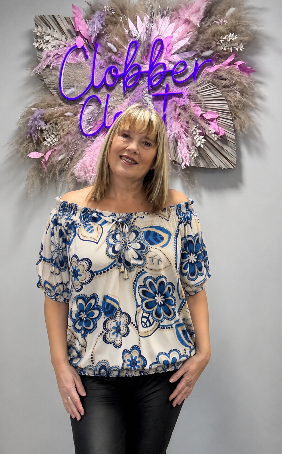 Anita Blue and White Floral Top with Tie Neck Detail