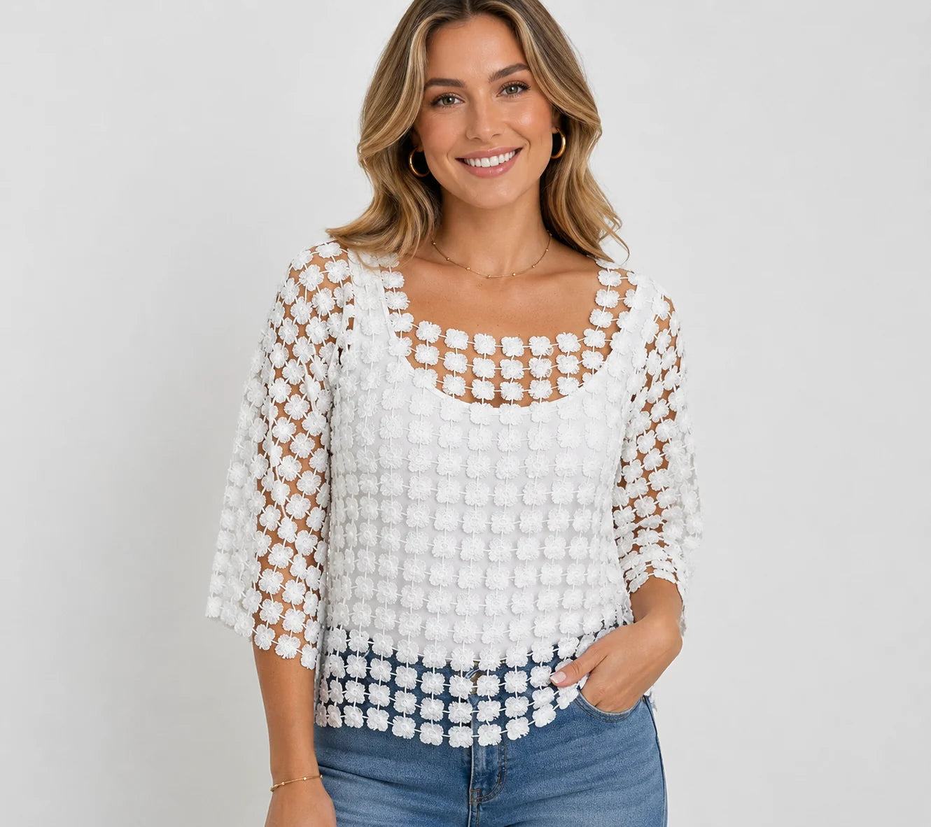 Lace Daisy Flowers Top in White or Baby Blue