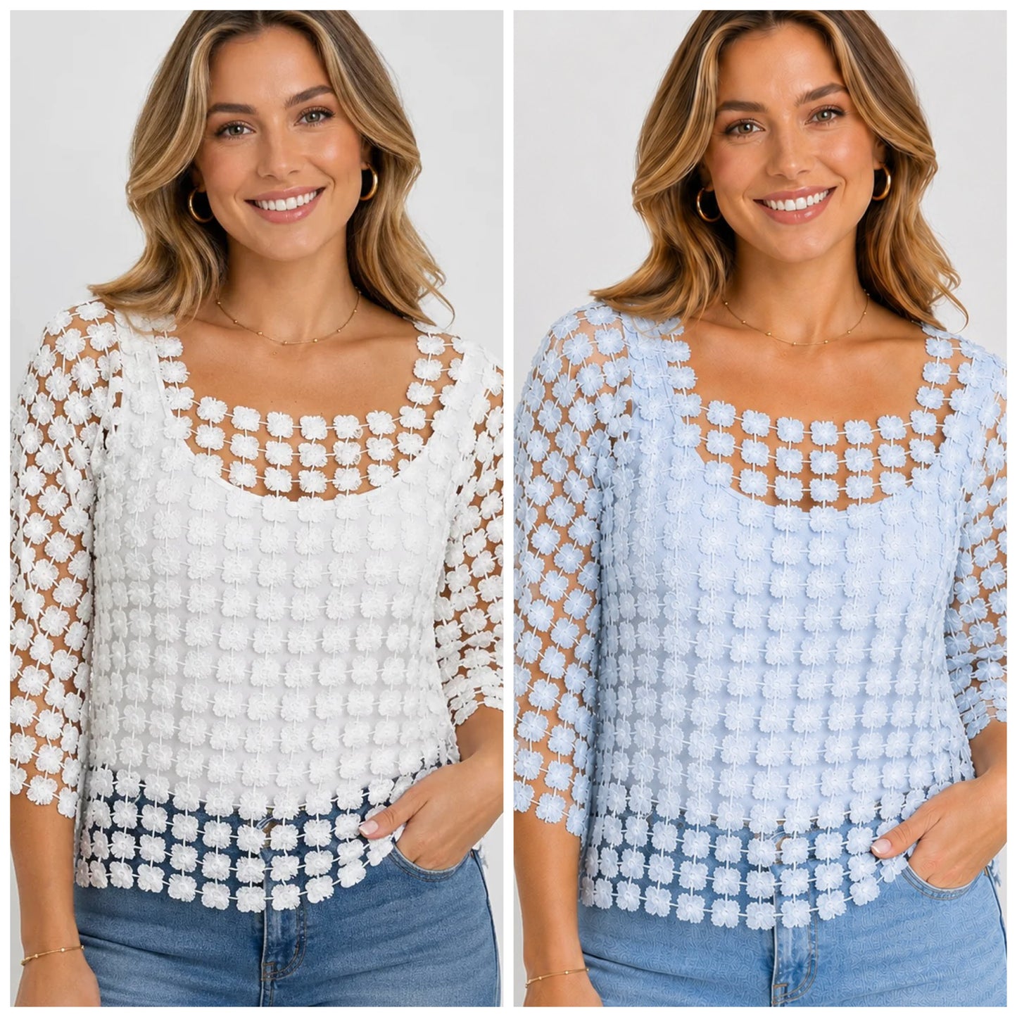 Lace Daisy Flowers Top in White or Baby Blue