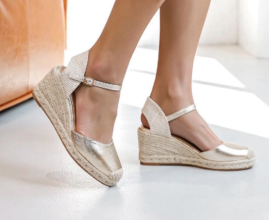 Tammie Gold Low Wedge Espadrille Ankle Strap Closed Toe Summer Sandals