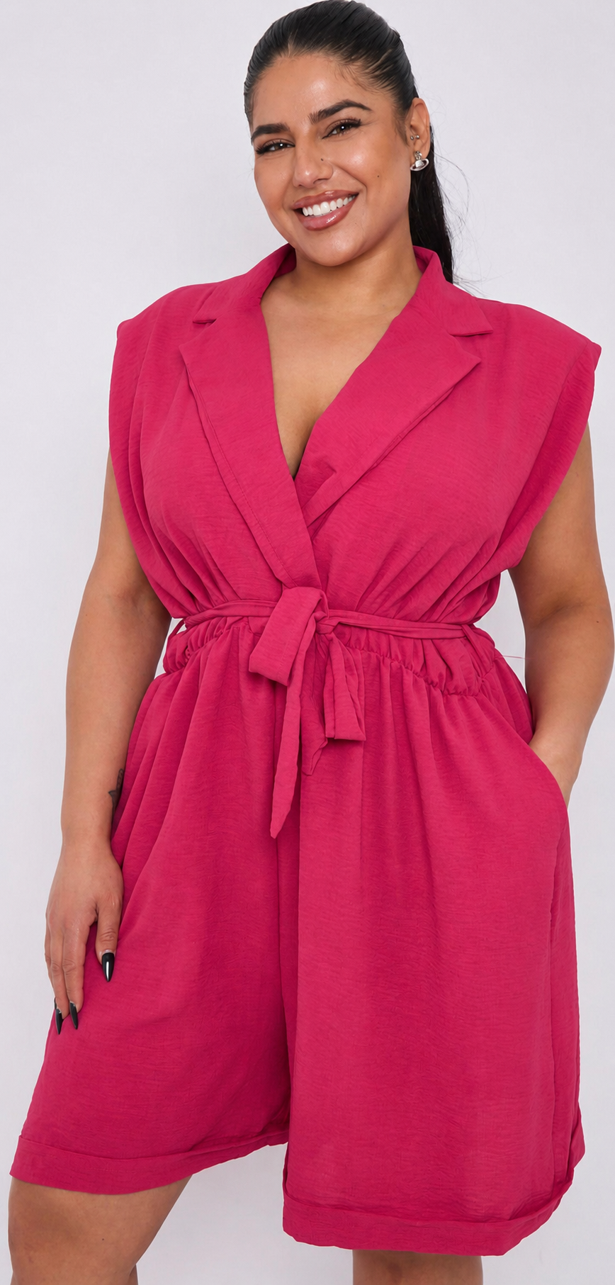 Plus Size Sleeveless Lapel Tie Waist Playsuit With Pockets