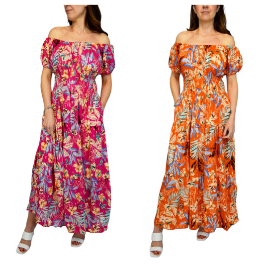 Amelia Gold Foil Flower Print Button Bardot Maxi
Dress