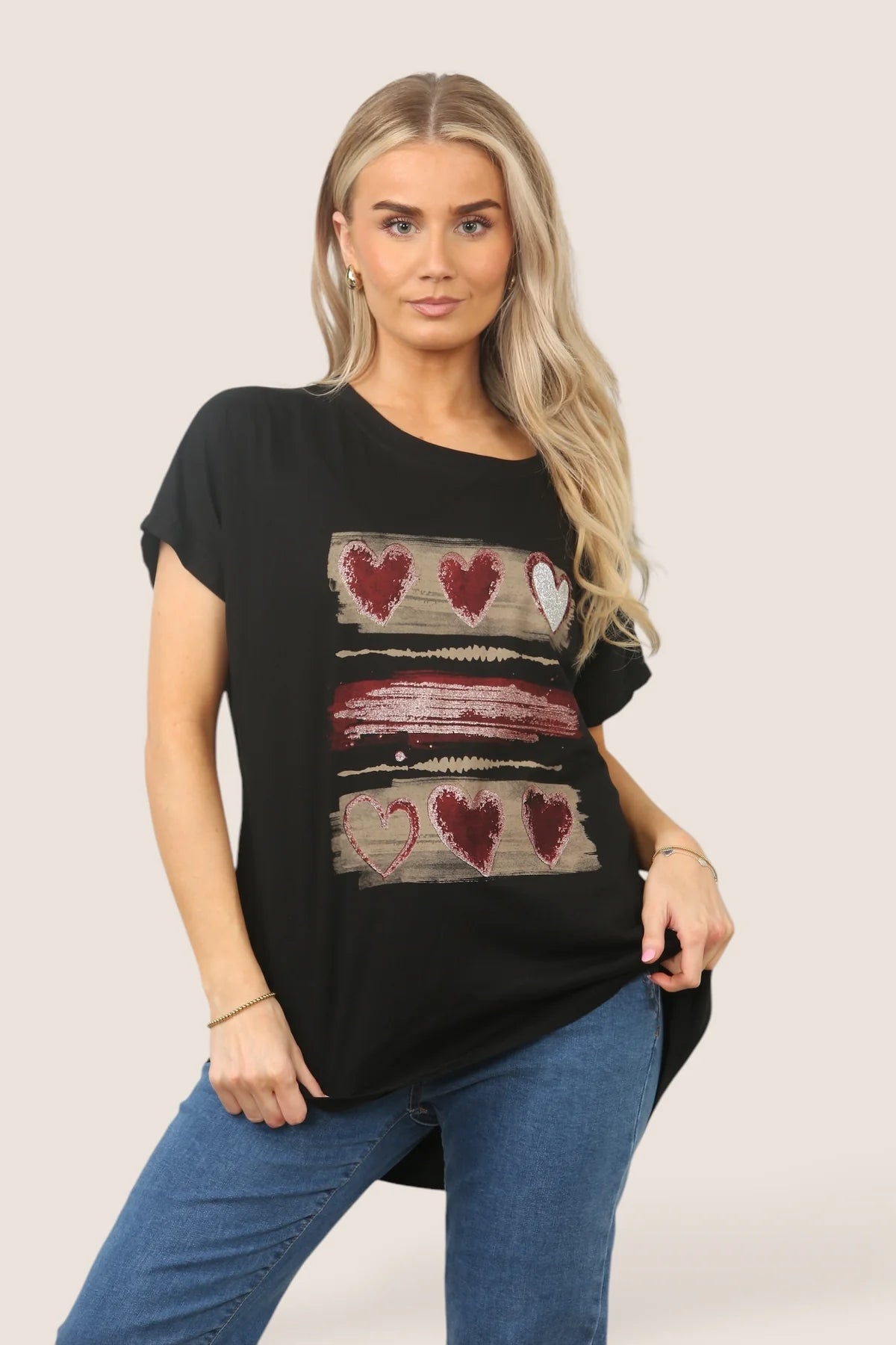 Triple Heart Stripe Metallic High Low Cotton T-shirt