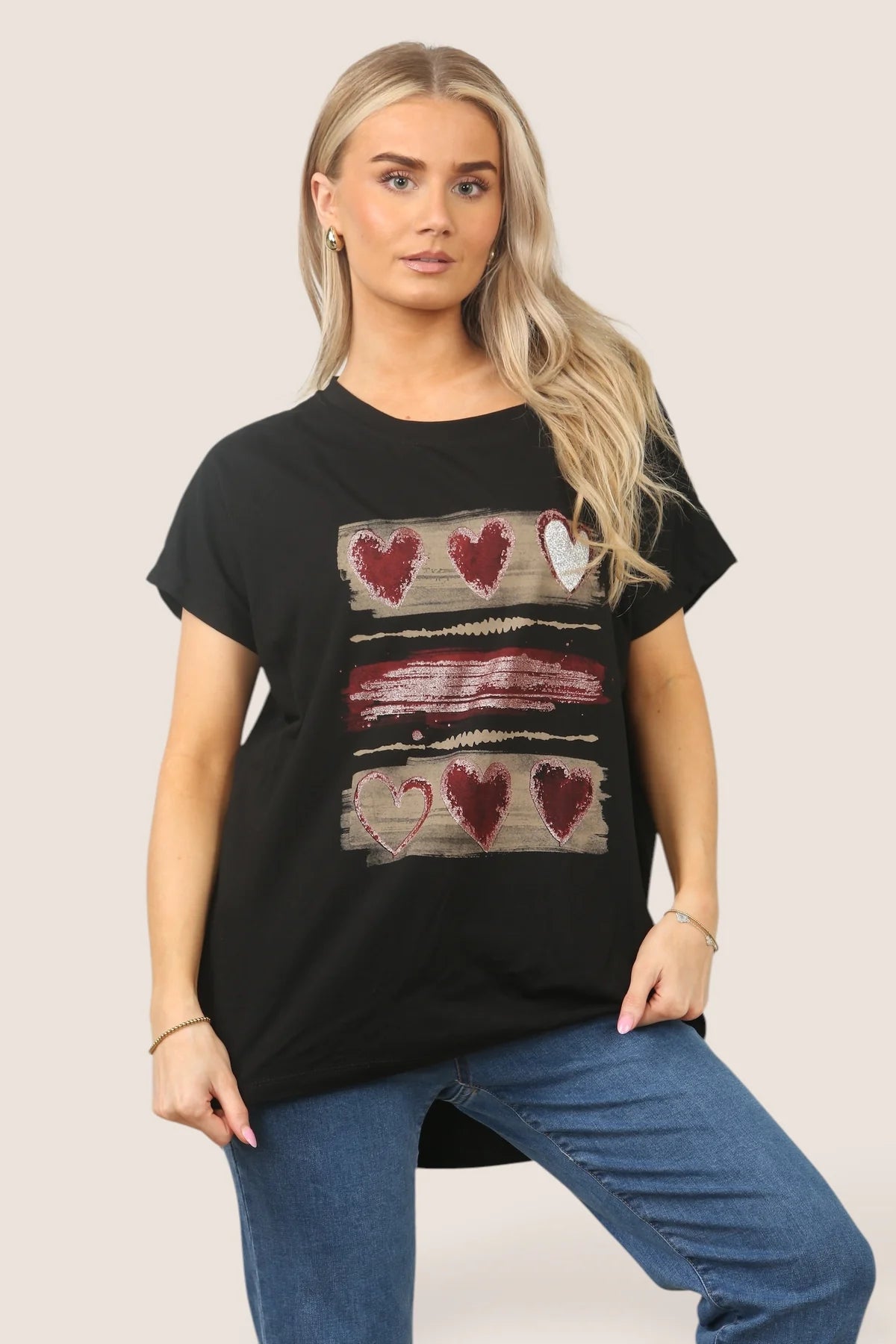 Triple Heart Stripe Metallic High Low Cotton T-shirt