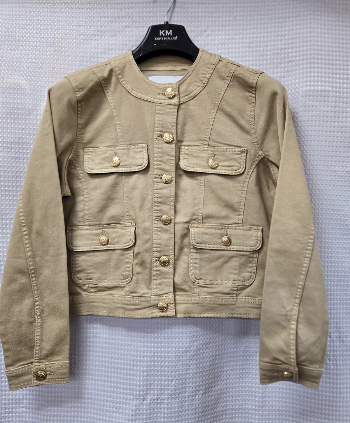 Gold Button Mandarin Cotton Stretch Jacket - Stone