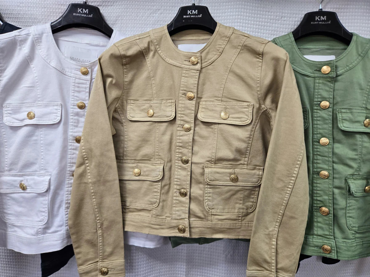 Gold Button Mandarin Cotton Stretch Jacket - Stone