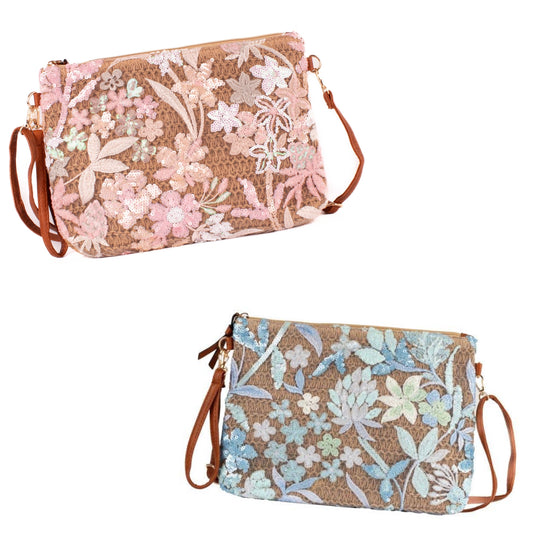 Textured Straw Clutch with Flowers Sequins