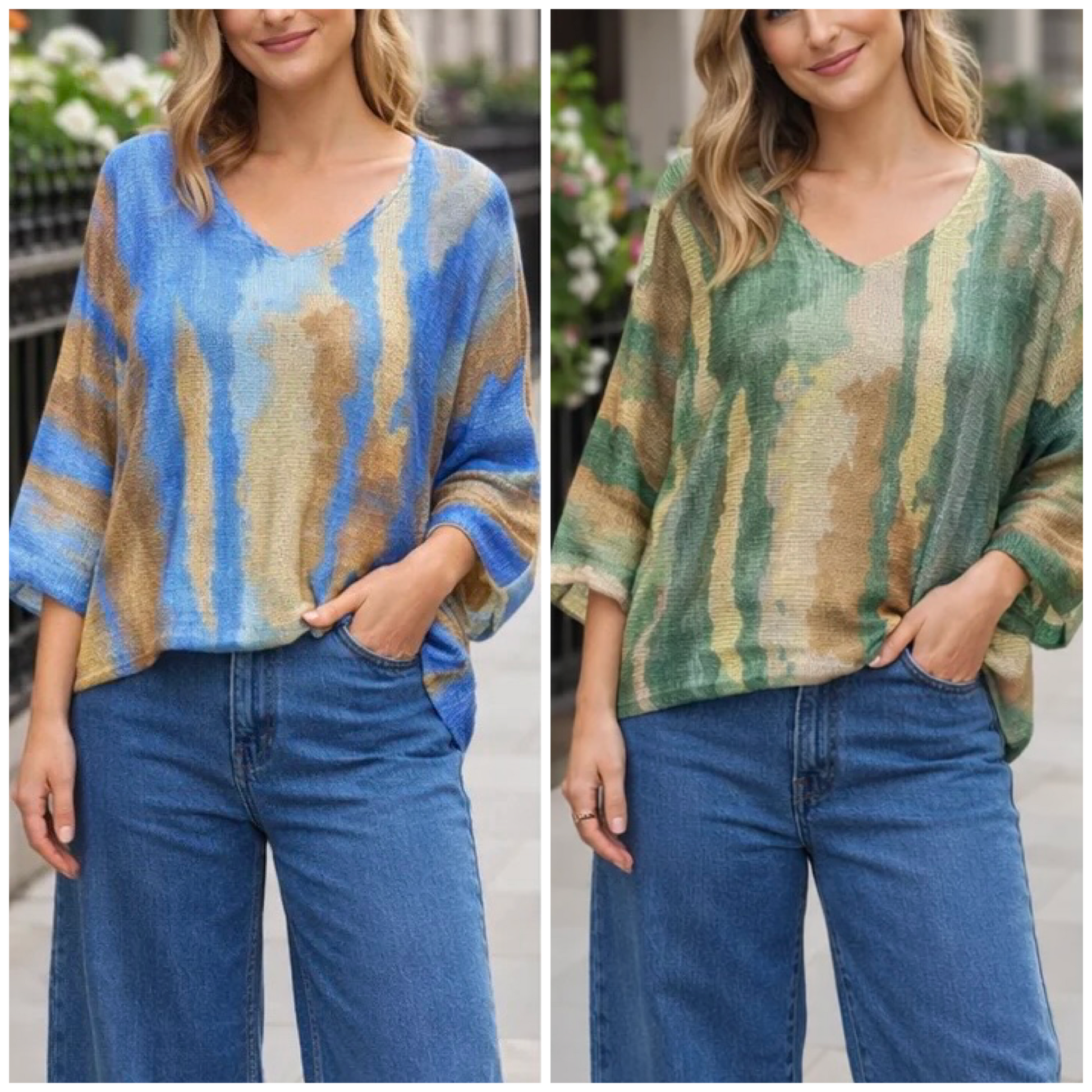 Collage of Model Wearing Kurt Muller Marble Print V Fine Mesh Knit Top one in Green and brown and one in blue and brown 